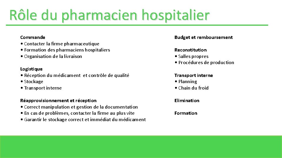 Rôle du pharmacien hospitalier Commande • Contacter la firme pharmaceutique • Formation des pharmaciens