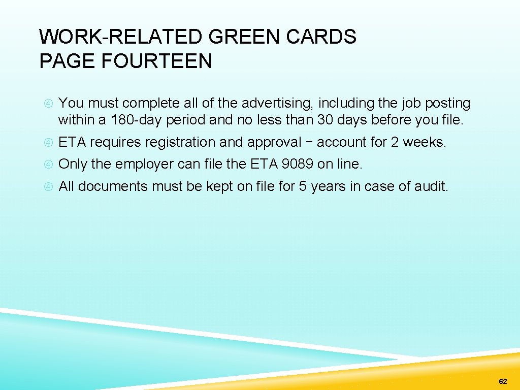 WORK-RELATED GREEN CARDS PAGE FOURTEEN You must complete all of the advertising, including the