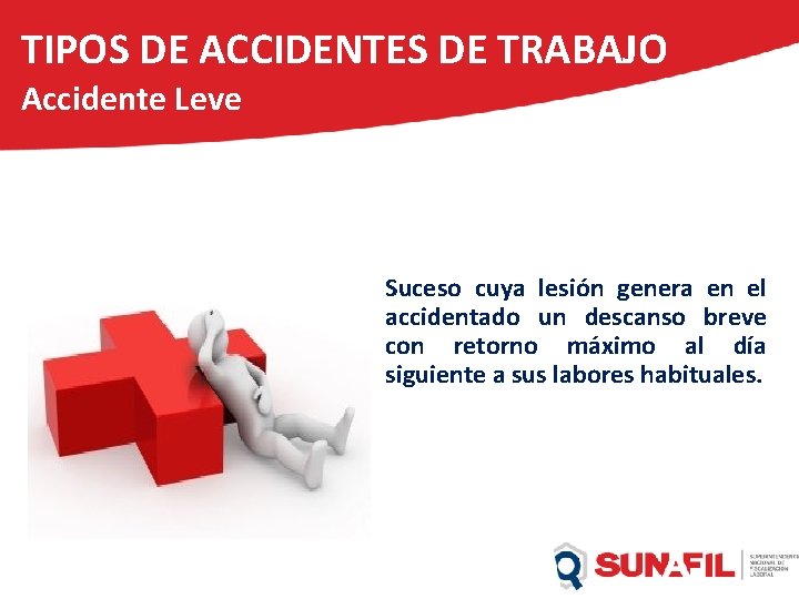 TIPOS DE ACCIDENTES DE TRABAJO Accidente Leve Suceso cuya lesión genera en el accidentado