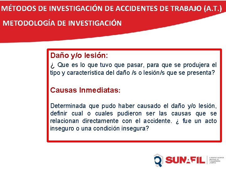 MÉTODOS DE INVESTIGACIÓN DE ACCIDENTES DE TRABAJO (A. T. ) METODOLOGÍA DE INVESTIGACIÓN Daño