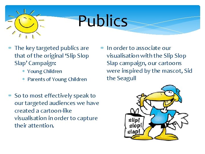 Publics The key targeted publics are that of the original ‘Slip Slop Slap’ Campaign: