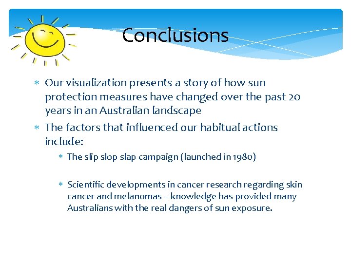 Conclusions Our visualization presents a story of how sun protection measures have changed over