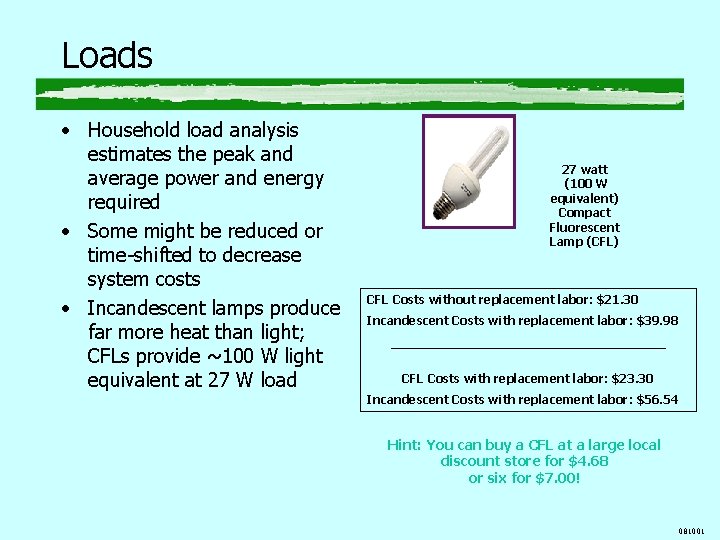 Loads • Household load analysis estimates the peak and average power and energy required Loads • Household load analysis estimates the peak and average power and energy required