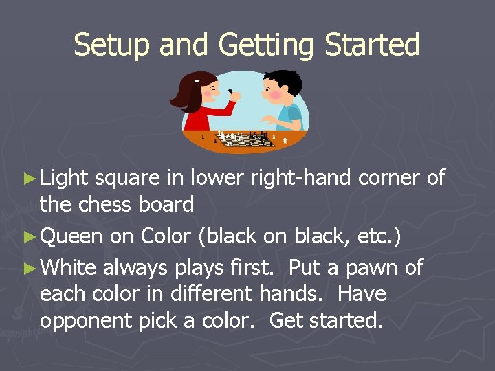 Setup and Getting Started ► Light square in lower right-hand corner of the chess