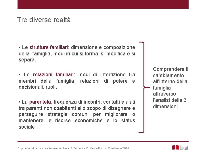 Tre diverse realtà • Le strutture familiari: dimensione e composizione della famiglia, modi in