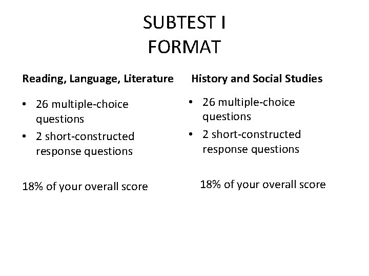 SUBTEST I FORMAT Reading, Language, Literature History and Social Studies • 26 multiple-choice questions