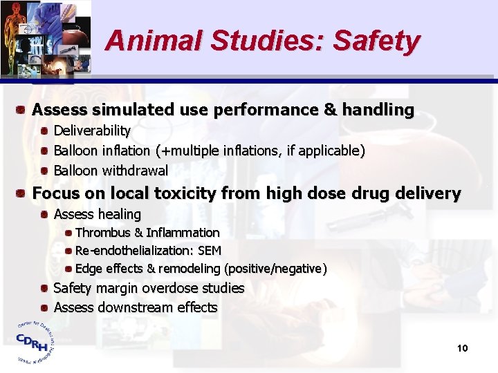 Animal Studies: Safety Assess simulated use performance & handling Deliverability Balloon inflation (+multiple inflations,