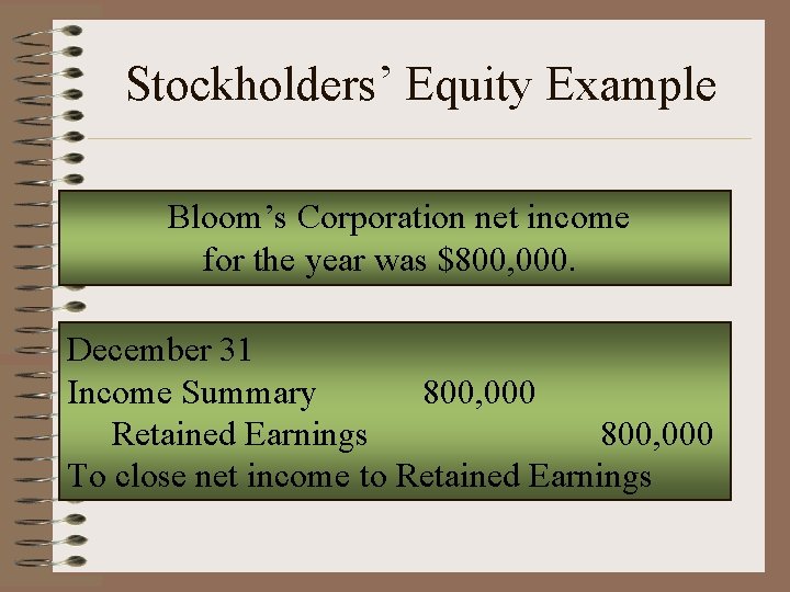 Stockholders’ Equity Example Bloom’s Corporation net income for the year was $800, 000. December