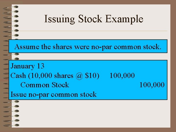 Issuing Stock Example Assume the shares were no-par common stock. January 13 Cash (10,