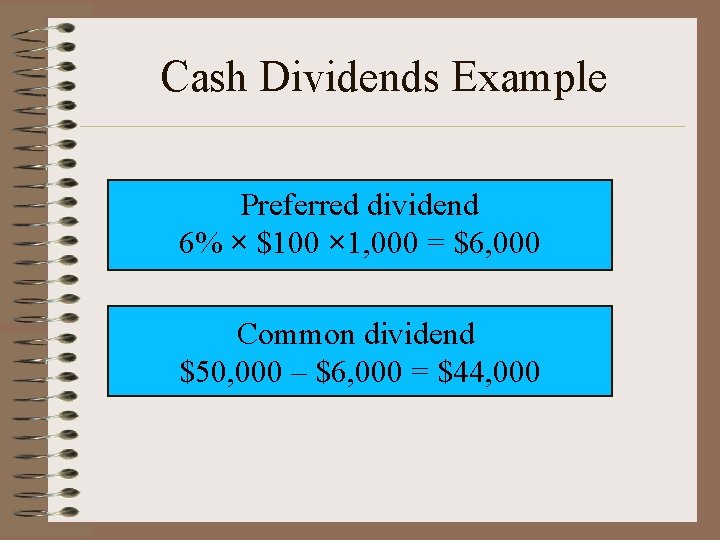 Cash Dividends Example Preferred dividend 6% × $100 × 1, 000 = $6, 000
