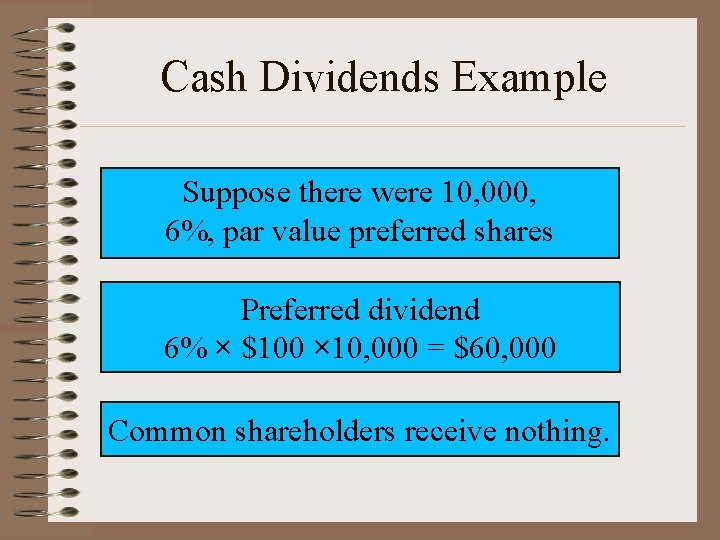 Cash Dividends Example Suppose there were 10, 000, 6%, par value preferred shares Preferred