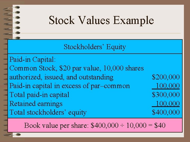 Stock Values Example Stockholders’ Equity Paid-in Capital: Common Stock, $20 par value, 10, 000