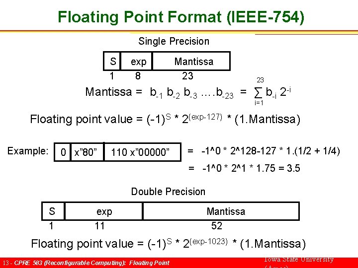 Floating Point Format (IEEE-754) Single Precision S 1 exp 8 Mantissa 23 23 Mantissa
