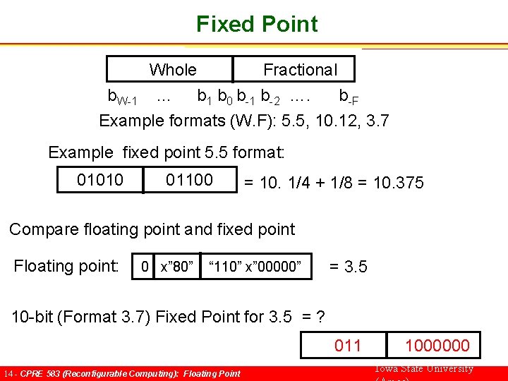 Fixed Point Whole b. W-1 … Fractional b 1 b 0 b-1 b-2 ….