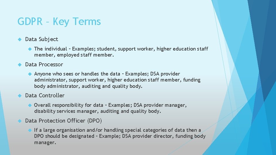 GDPR – Key Terms Data Subject Data Processor Anyone who sees or handles the