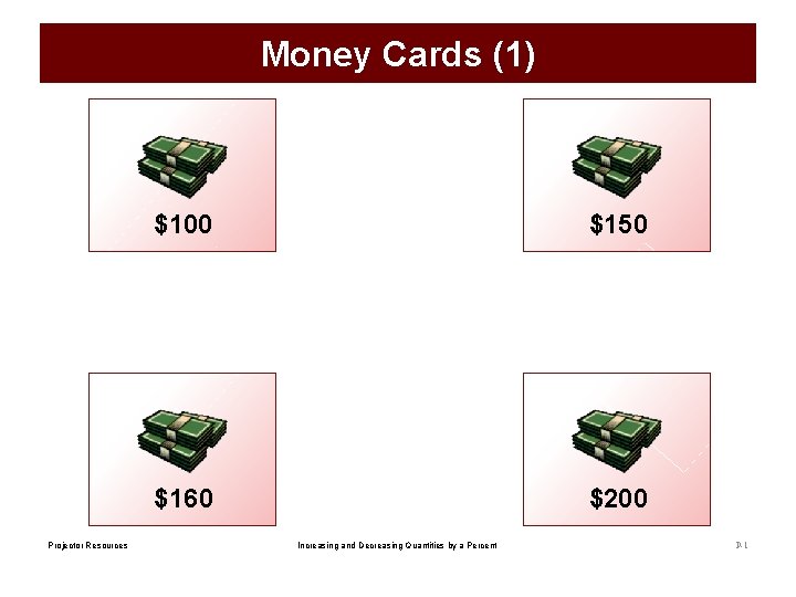 Money Cards (1) Projector Resources $100 $150 $160 $200 Increasing and Decreasing Quantities by