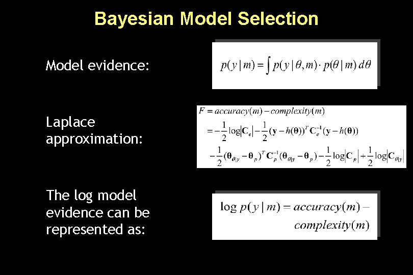 Bayesian Model Selection Model evidence: Laplace approximation: The log model evidence can be represented