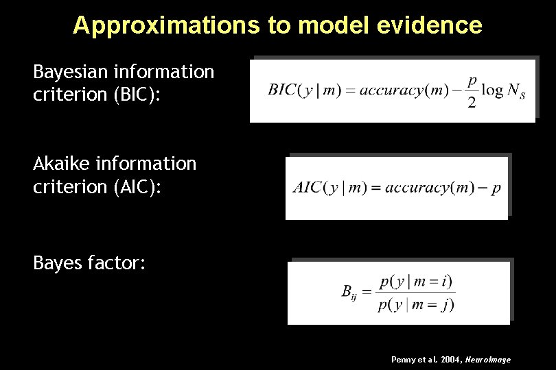 Approximations to model evidence Bayesian information criterion (BIC): Akaike information criterion (AIC): Bayes factor: