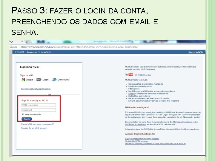 PASSO 3: FAZER O LOGIN DA CONTA, PREENCHENDO OS DADOS COM EMAIL E SENHA.