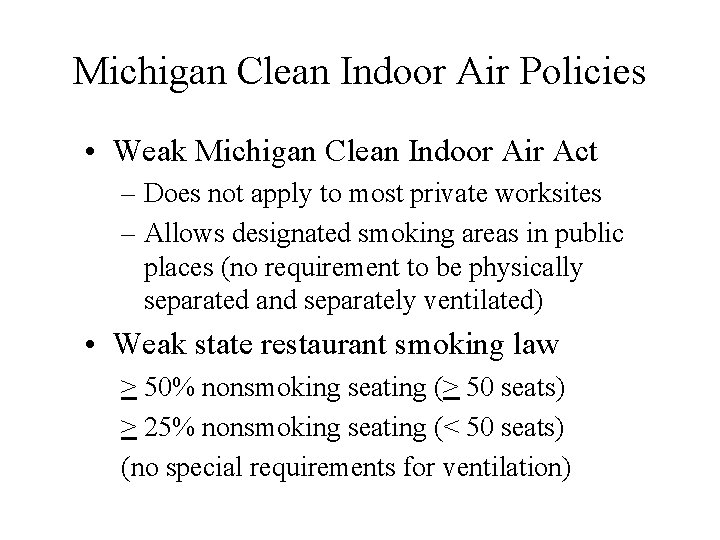 Michigan Clean Indoor Air Policies • Weak Michigan Clean Indoor Air Act – Does