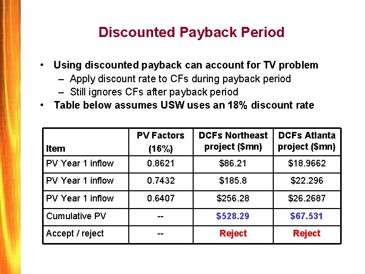 Discounted Payback Period • Using discounted payback can account for TV problem – Apply