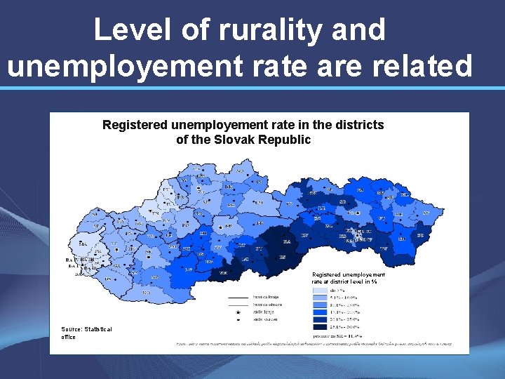 Level of rurality and unemployement rate are related Registered unemployement rate in the districts
