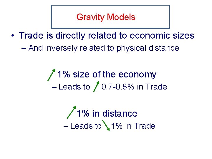 Gravity Models • Trade is directly related to economic sizes – And inversely related