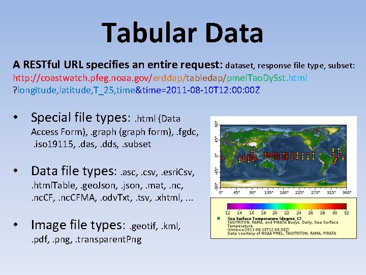 Tabular Data A RESTful URL specifies an entire request: dataset, response file type, subset: