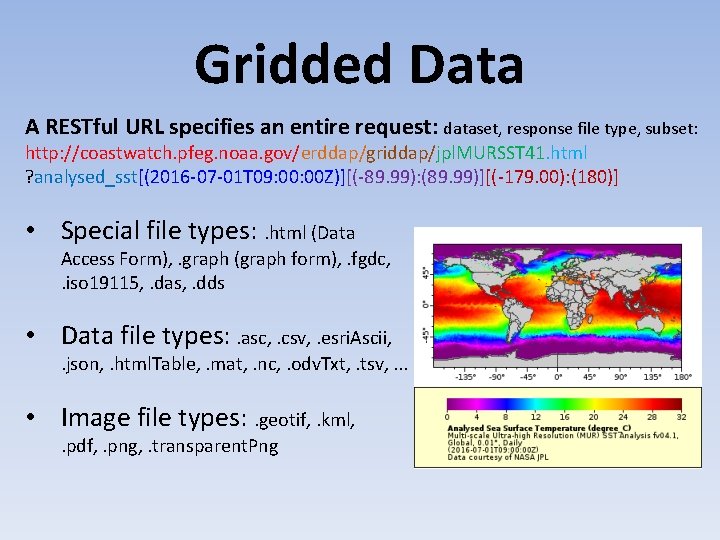 Gridded Data A RESTful URL specifies an entire request: dataset, response file type, subset: