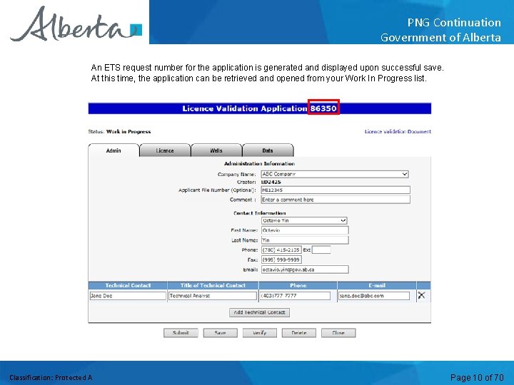 PNG Continuation Government of Alberta An ETS request number for the application is generated