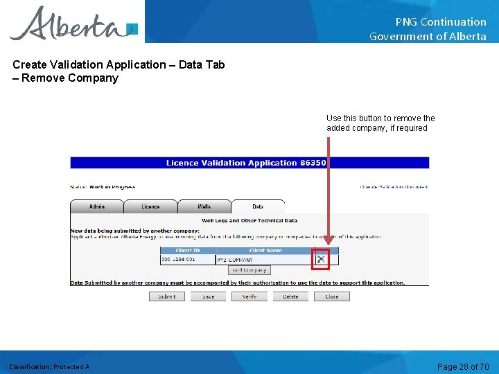 PNG Continuation Government of Alberta Create Validation Application – Data Tab – Remove Company