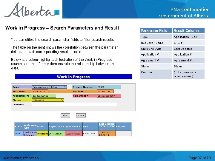 PNG Continuation Government of Alberta Work In Progress – Search Parameters and Result Parameter