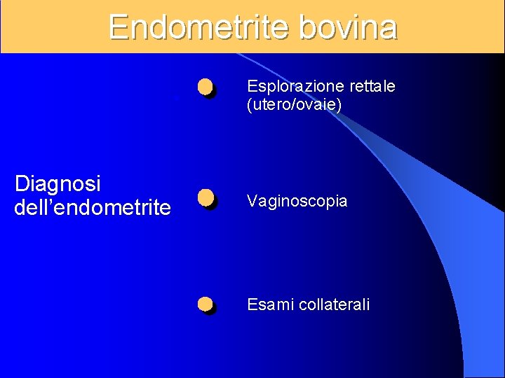 Endometrite bovina Esplorazione rettale (utero/ovaie) Diagnosi dell’endometrite Vaginoscopia Esami collaterali 