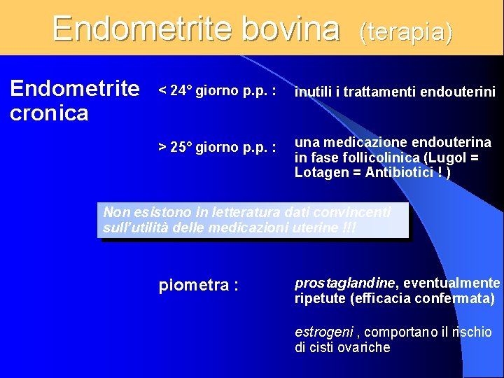 Endometrite bovina Endometrite cronica (terapia) < 24° giorno p. p. : inutili i trattamenti