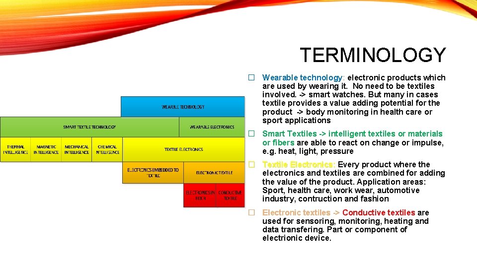 TERMINOLOGY � Wearable technology: electronic products which are used by wearing it. No need