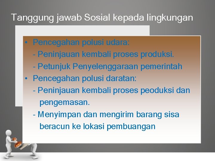 Tanggung jawab Sosial kepada lingkungan • Pencegahan polusi udara: - Peninjauan kembali proses produksi.