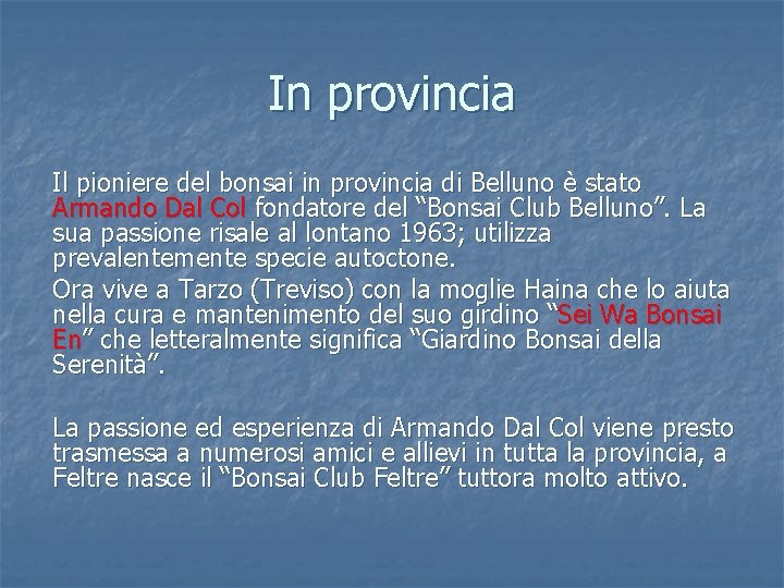 In provincia Il pioniere del bonsai in provincia di Belluno è stato Armando Dal
