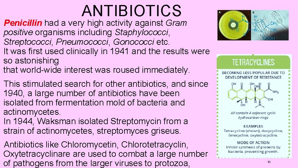 ANTIBIOTICS Penicillin had a very high activity against Gram positive organisms including Staphylococci, Streptococci,