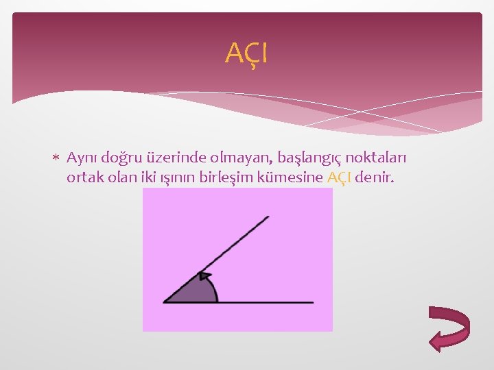 AÇI Aynı doğru üzerinde olmayan, başlangıç noktaları ortak olan iki ışının birleşim kümesine AÇI