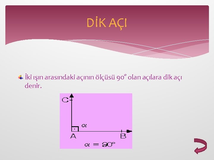 DİK AÇI İki ışın arasındaki açının ölçüsü 90° olan açılara dik açı denir. 