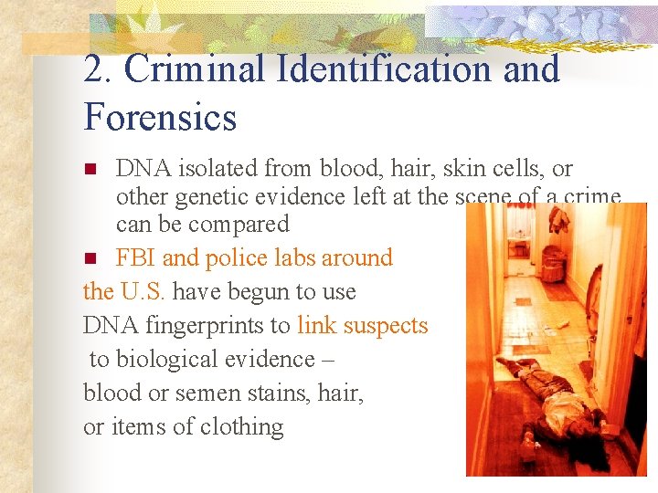 2. Criminal Identification and Forensics DNA isolated from blood, hair, skin cells, or other