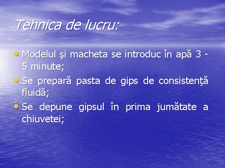 Tehnica de lucru: • Modelul şi macheta se introduc în apă 3 - 5