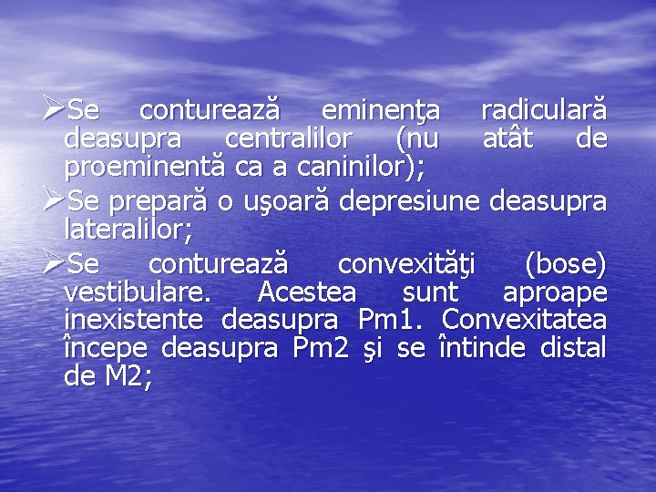 ØSe conturează eminenţa radiculară deasupra centralilor (nu atât de proeminentă ca a caninilor); ØSe