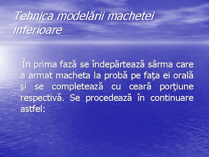 Tehnica modelării machetei inferioare În prima fază se îndepărtează sârma care a armat macheta
