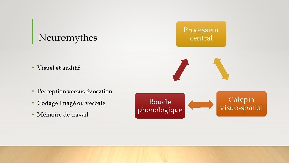 Processeur central Neuromythes • Visuel et auditif • Perception versus évocation • Codage imagé