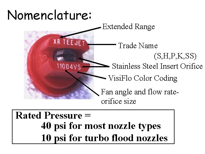 Nomenclature: Extended Range Trade Name (S, H, P, K, SS) Stainless Steel Insert Orifice