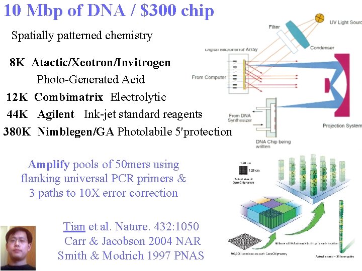10 Mbp of DNA / $300 chip Spatially patterned chemistry 8 K Atactic/Xeotron/Invitrogen Photo-Generated