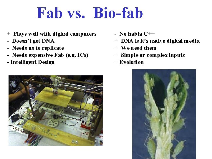 Fab vs. Bio-fab + Plays well with digital computers - Doesn’t get DNA -