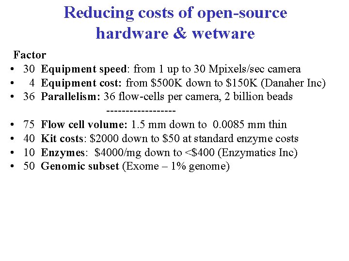 Reducing costs of open-source hardware & wetware Factor • 30 Equipment speed: from 1
