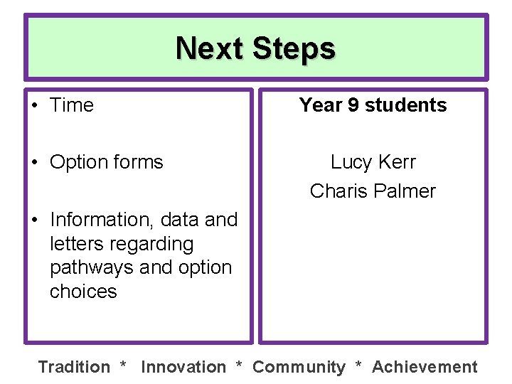 Next Steps • Time • Option forms Year 9 students Lucy Kerr Charis Palmer